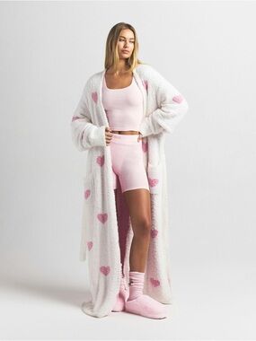 SKIMS Plush White Long Robe in White and Pink